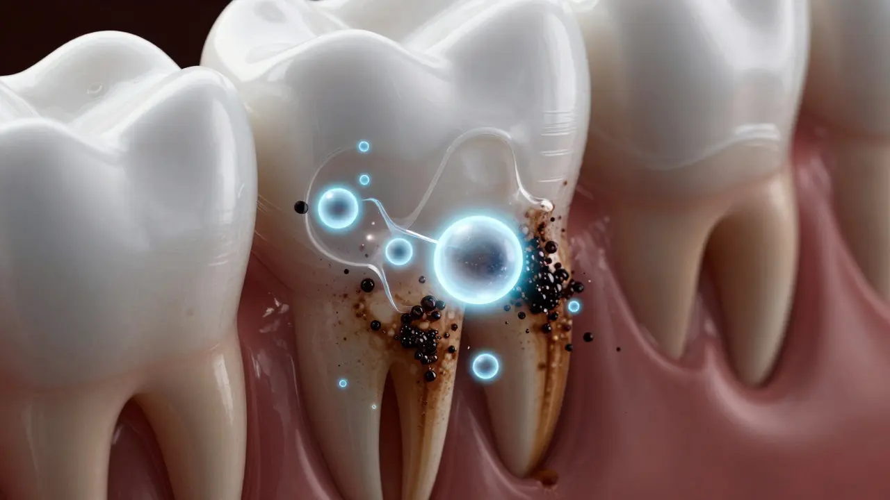 Abstract macro view of whitening gel breaking down tooth stains chemically