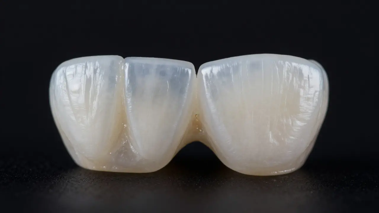 Detailní záběr na keramické fasety z různých materiálů