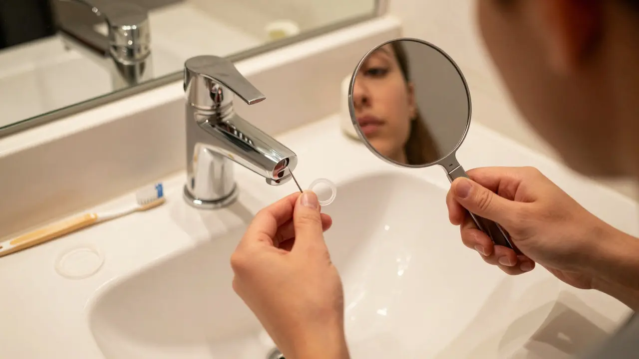 Hands changing a brace elastic band in a bathroom
