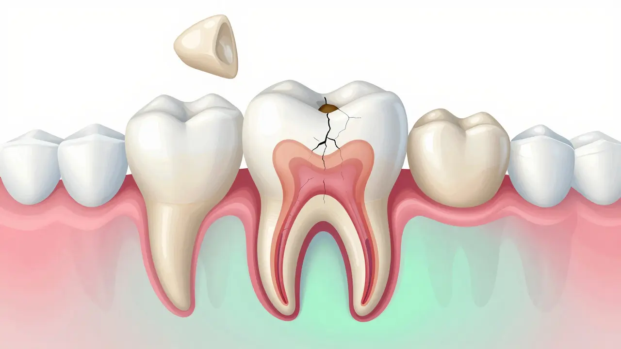 Ilustrace poškozeného zuba a různých typů dentálních restaurací