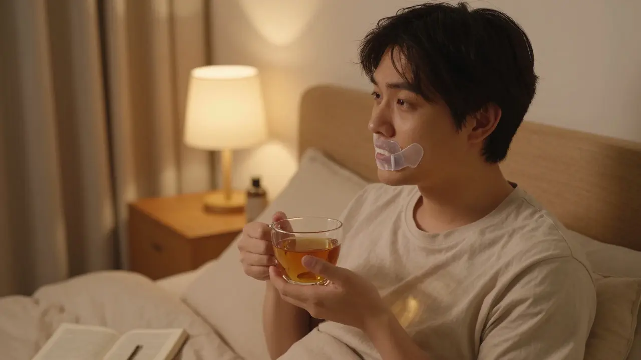 Person wearing a teeth whitening tray while relaxing in a bedroom at night
