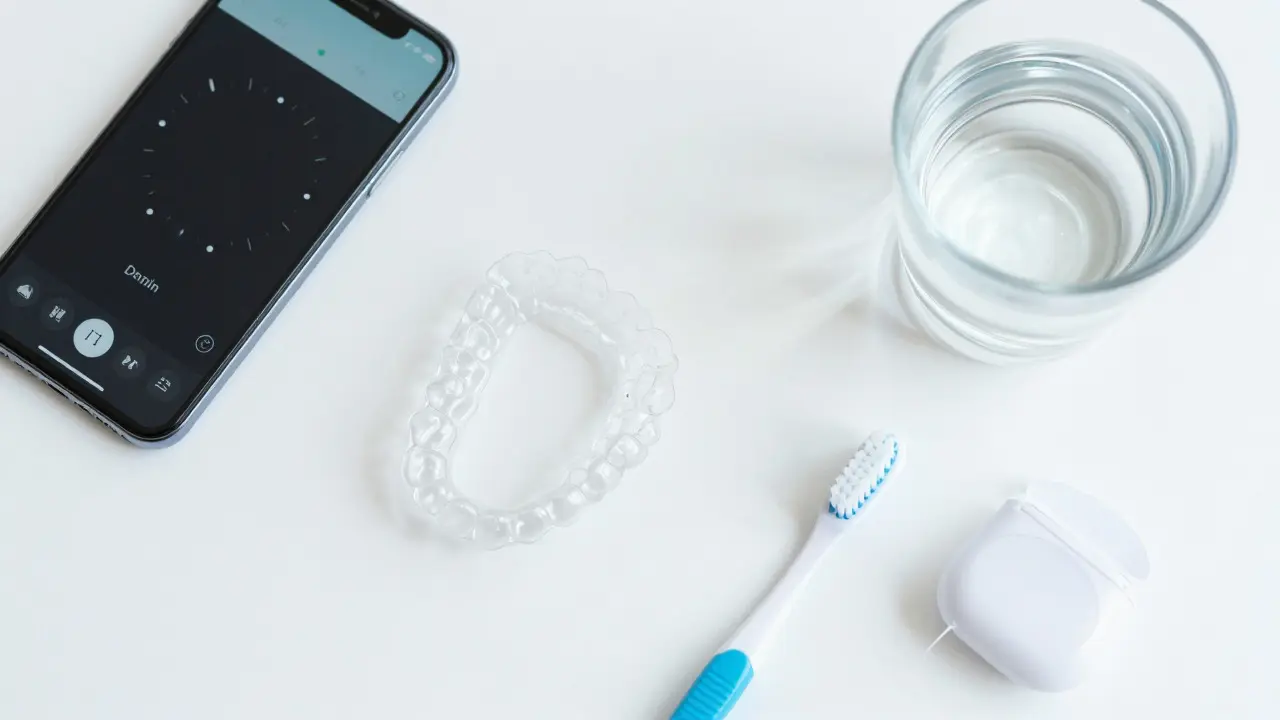 Průhledná rovnátka, kartáček a nitka na bílém podkladu pro hygienu