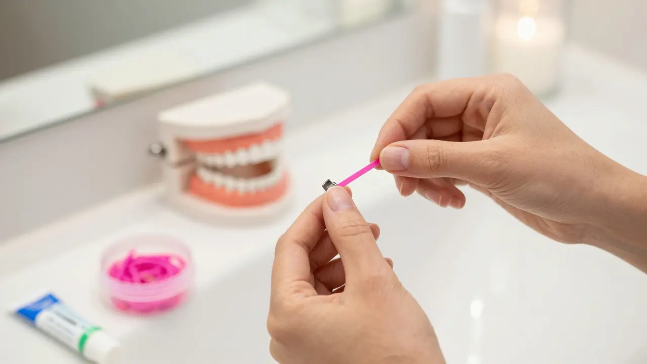 Ruce nasazují novou růžovou gumku na model zubů s rovnátky