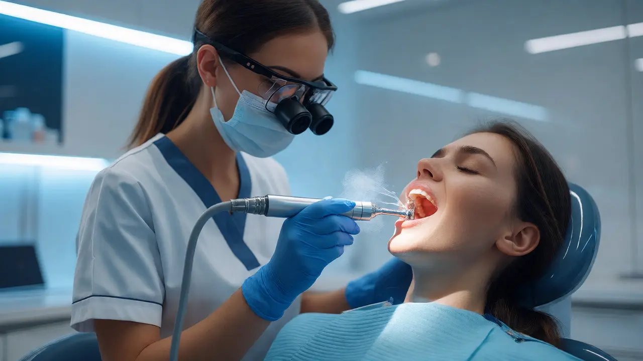 Dentální hygienistka provádí ultrazvukové čištění zubů