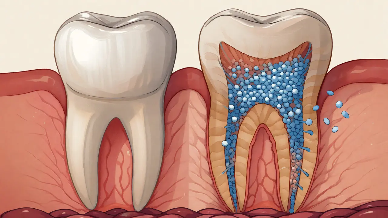 Ilustrace řezu zubem ukazující uzavření dentinových kanálků