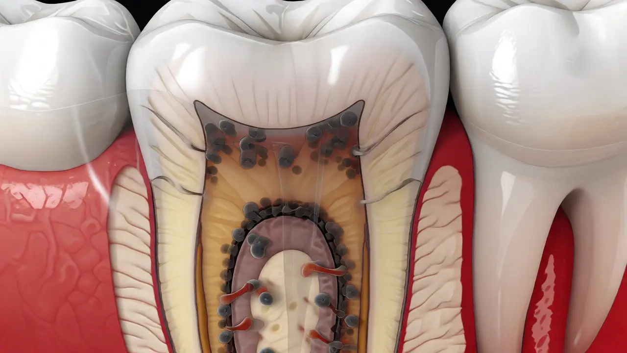 Řez zubem ukazující mezizubní kaz v dentinu