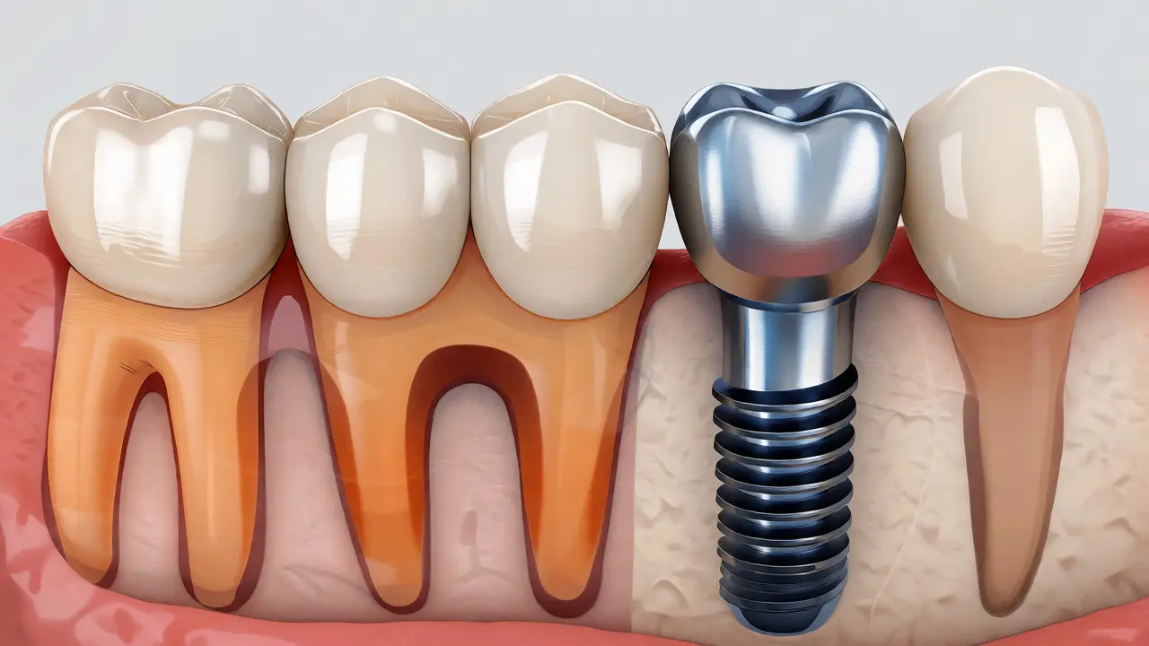 Srovnání zubního můstku s obroušenými zuby a samostatného implantátu