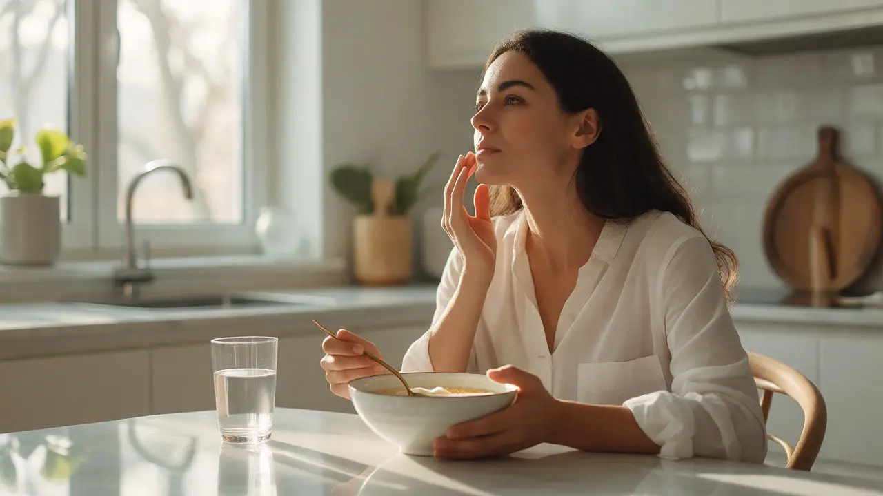 Žena opatrně jí měkkou stravu po zákroku s fazetami