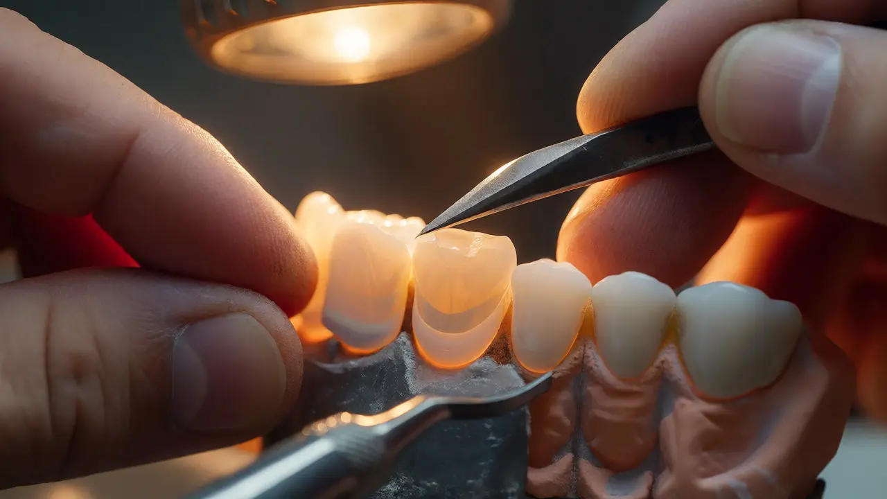 Zubní technik vrství keramiku pro výrobu zubní fazety v laboratoři