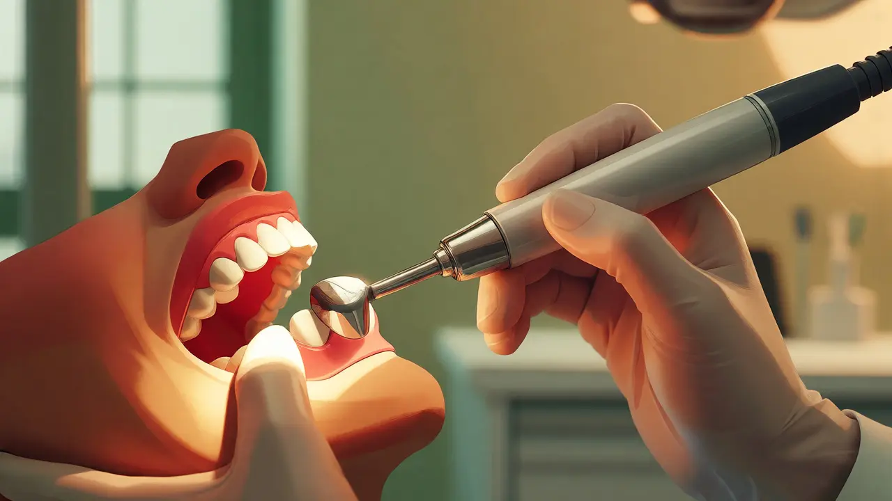 Dentální hygienista odstraňuje zubní kámen ultrazvukovým přístrojem.