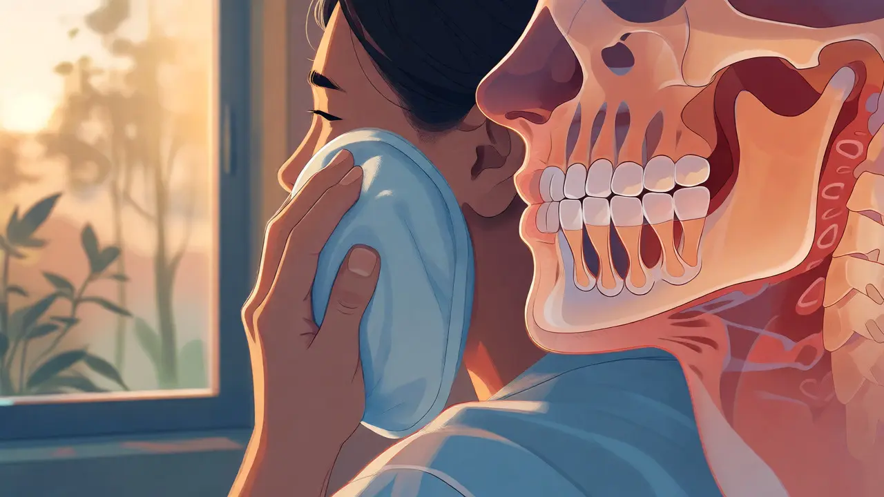 Ilustrace hojení po extrakci s chladivým obkladem a regenerací kosti