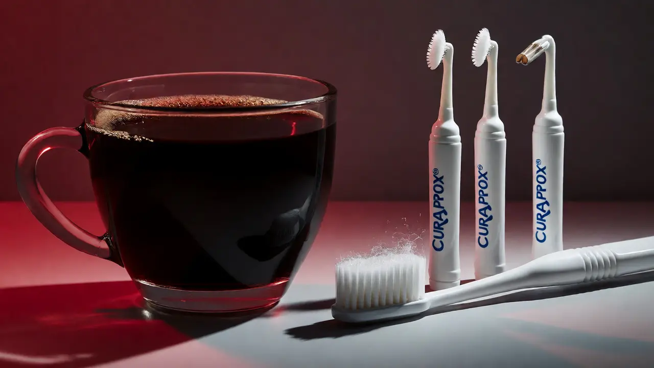 Kontrast mezi barvícími nápoji a čisticími pomůckami Curaprox