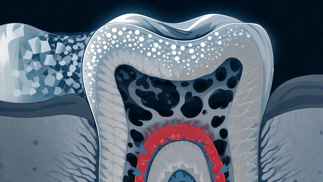 Řez zubem ukazující průnik kazu ze skloviny do dentinu