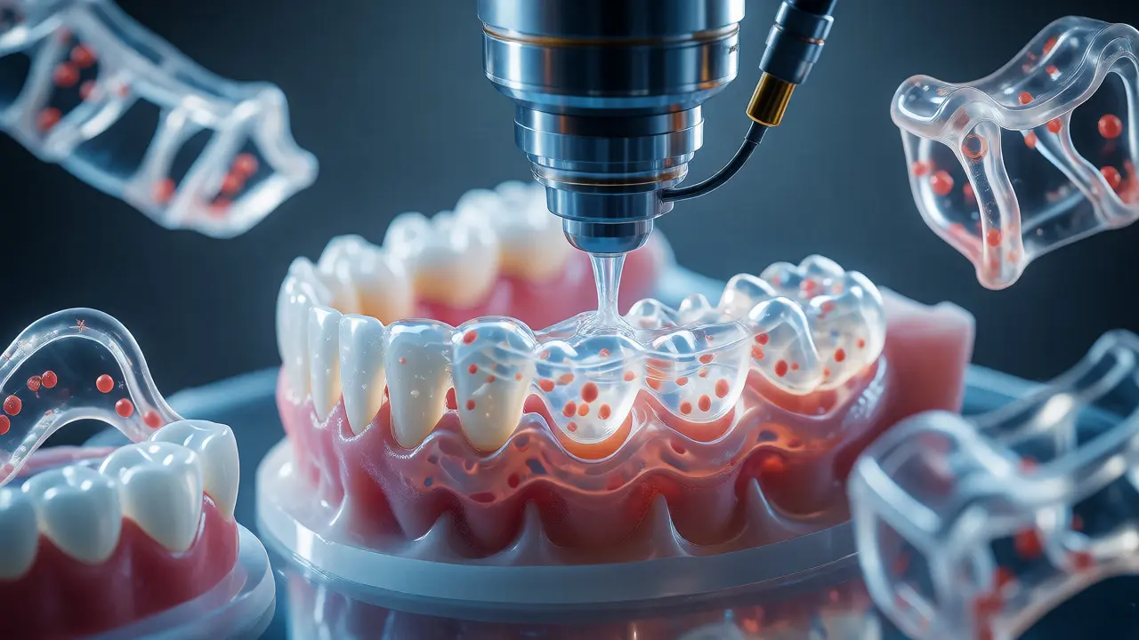 Robotická ruka tiskne živé tkáně na model čelisti pomocí bio-printingu.