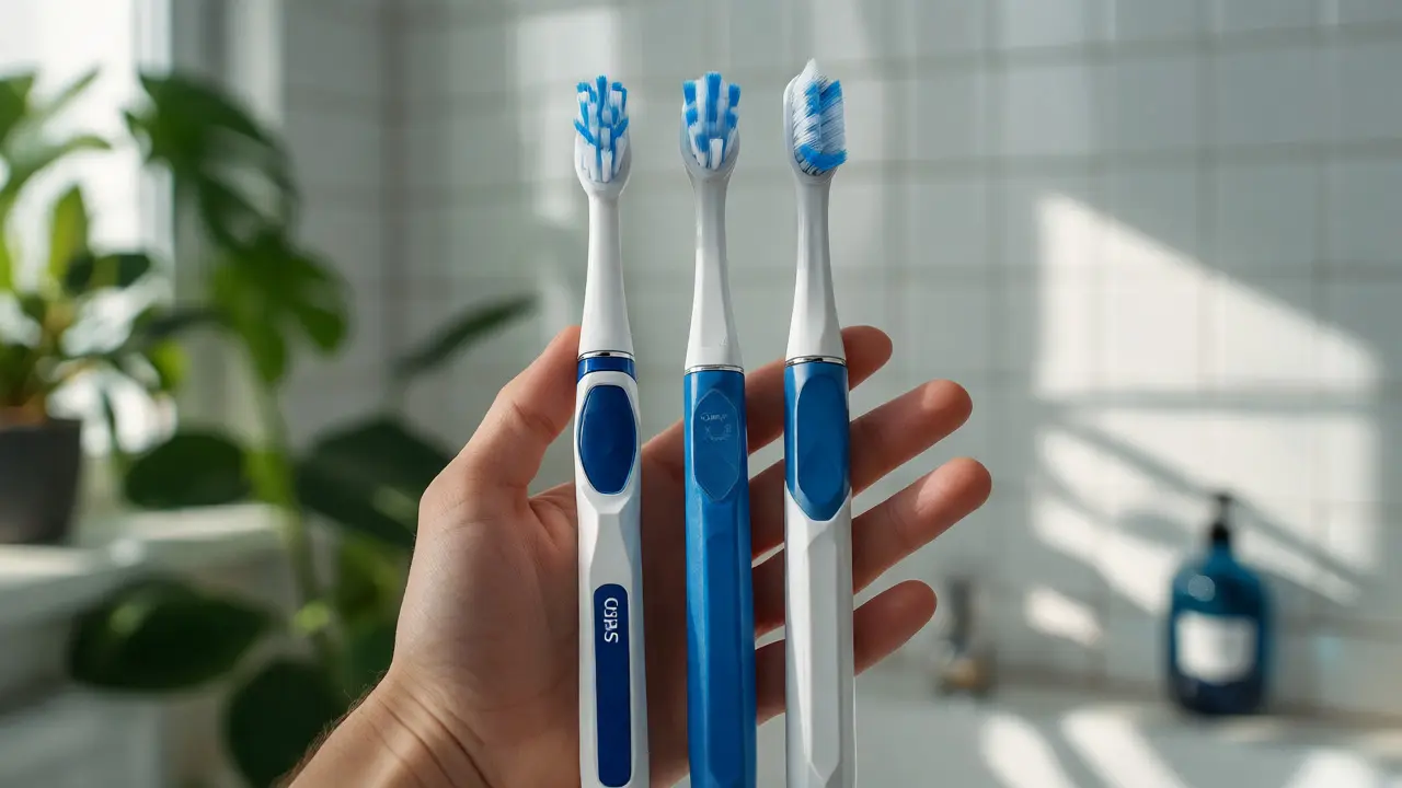 Ruka držící tři různé typy zubních kartáčků Curaprox vedle sebe