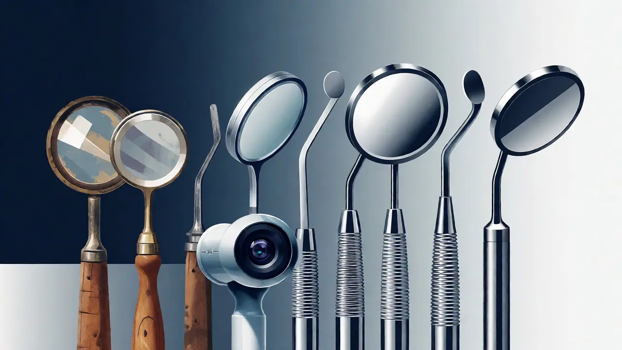 Vizuální porovnání historických a moderních dentálních zrcátek s digitálním prvkem