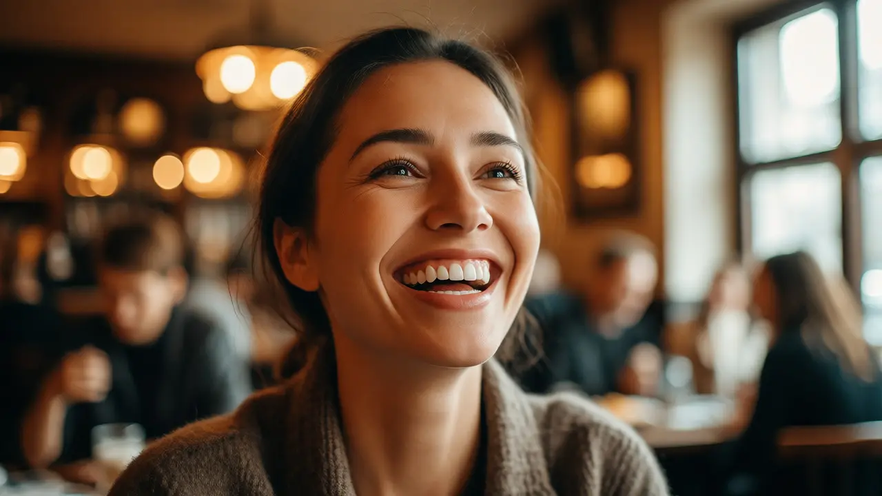 Žena s rovnými zuby se radośnie směje v kavárně